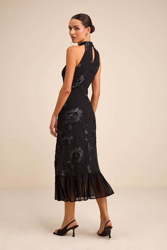 Margaret Black Textured Ruffled Midi Dress - thumbnail 3