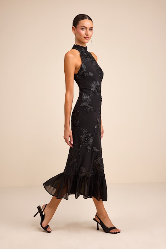 Margaret Black Textured Ruffled Midi Dress - thumbnail 4