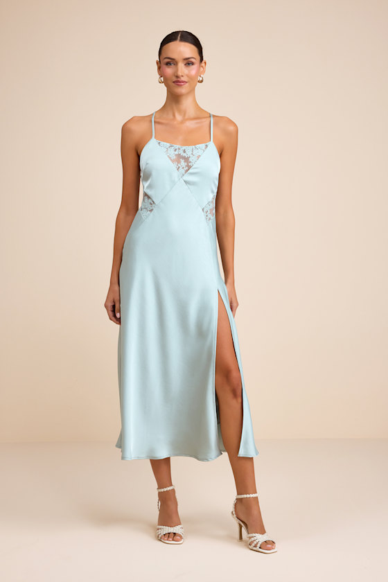 Luetta Pale Blue Satin Lace Slip Midi Dress 1