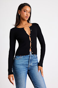 Scalia Black Ribbed Knit Button-Front Long Sleeve Top 1