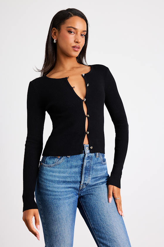 Scalia Black Ribbed Knit Button-Front Long Sleeve Top 1