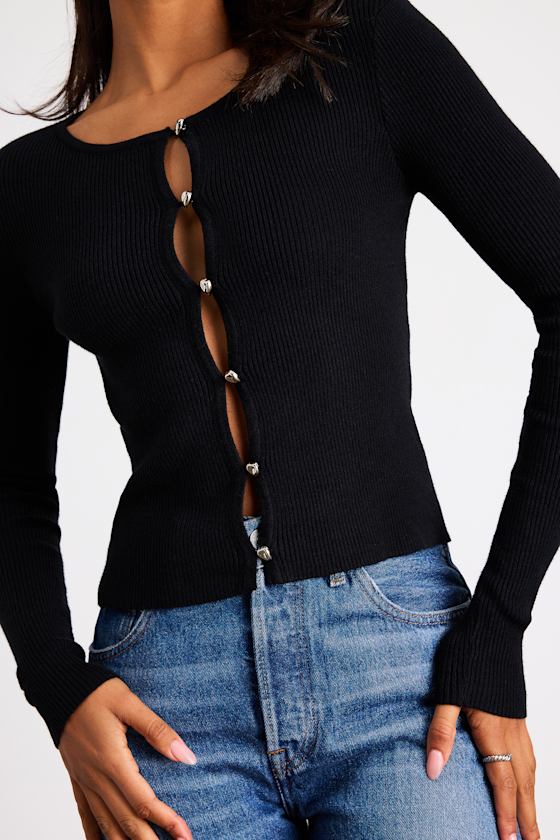 Scalia Black Ribbed Knit Button-Front Long Sleeve Top 2