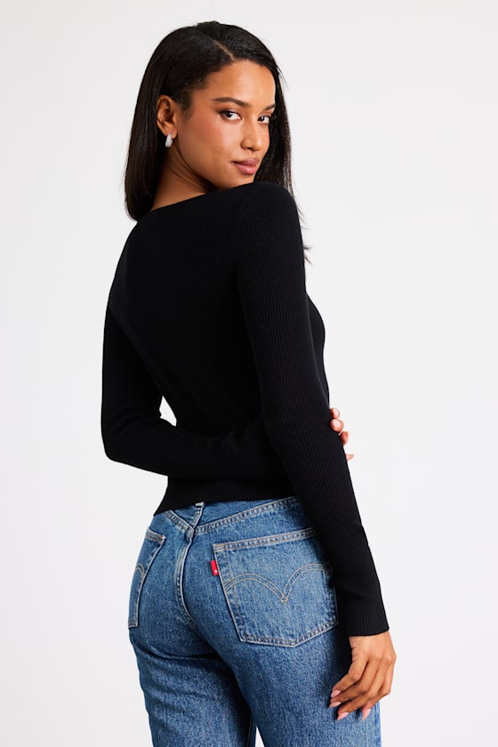 Black Ribbed Knit Top - Long Sleeve Cutout Top - Button-Front Top