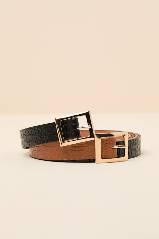 Calais Black and Brown Croc-Embossed Belt Set 1