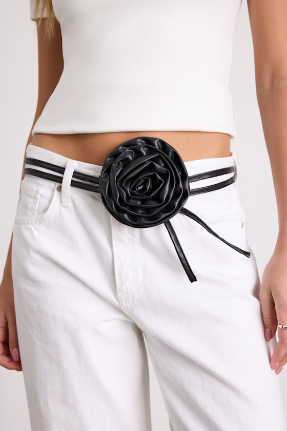 Medea Black Vegan Leather Rosette Cord Belt 3