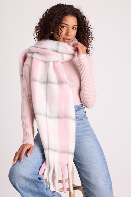 White and Pink Plaid Scarf - Fuzzy Plaid Scarf - Oversized Scarf