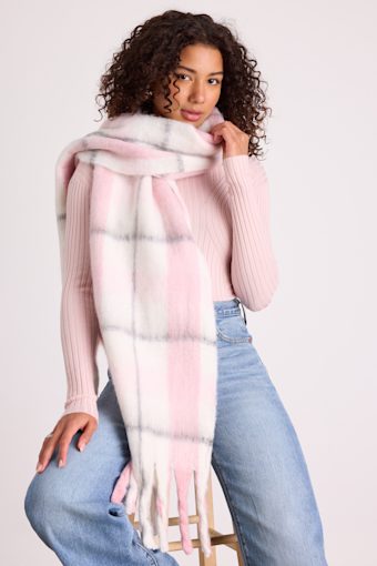 Rami White and Pink Plaid Oversized Scarf 1