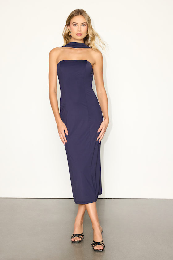Ariana Navy Blue Jersey Knit Strapless Midi Dress 2
