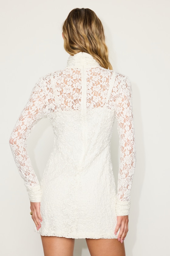 White Lace Dress - Mock Neck Mini Dress - Long Sleeve Mini Dress - Image 2