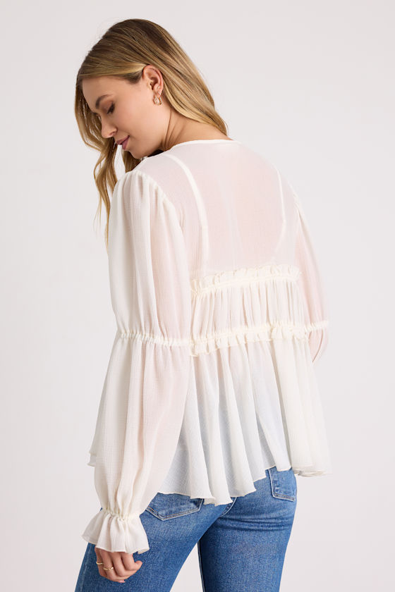 Ivory Chiffon Blouse - Long Sleeve Blouse - Tie-Front Blouse - Lulus