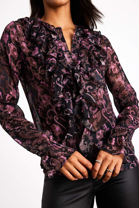 Black Paisley Print Top - Ruffled Lurex Top - Button-Front Top - Image 2