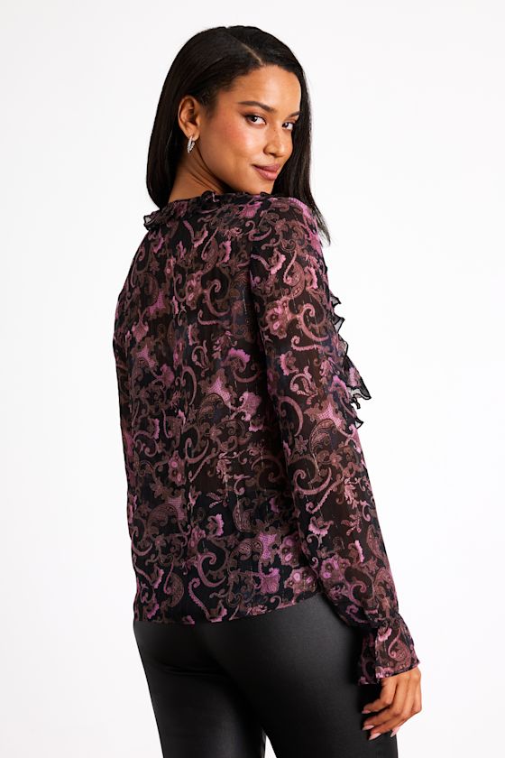 Black Paisley Print Top - Ruffled Lurex Top - Button-Front Top - Image 3