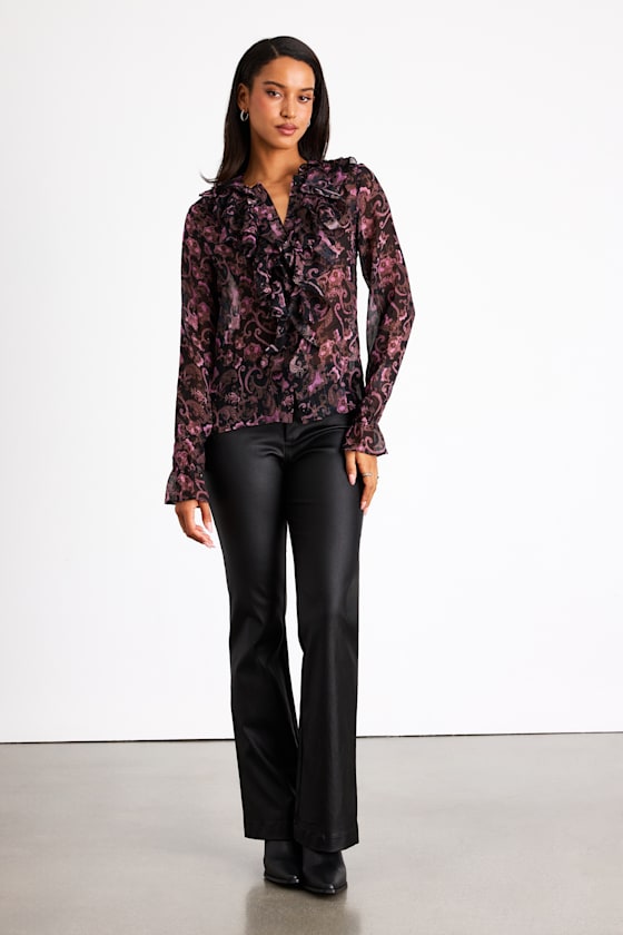 Black Paisley Print Top - Ruffled Lurex Top - Button-Front Top - Image 4