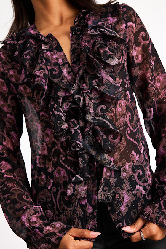 Black Paisley Print Top - Ruffled Lurex Top - Button-Front Top - Image 5