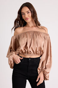 Jordana Tan Satin Off-the-Shoulder Crop Top 1