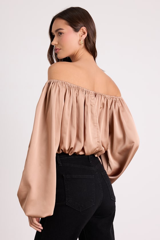 Jordana Tan Satin Off-the-Shoulder Crop Top 2