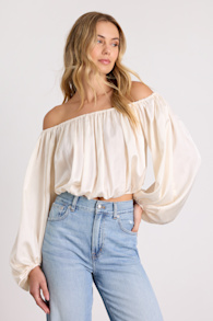 Jordana Ivory Satin Off-the-Shoulder Crop Top 1