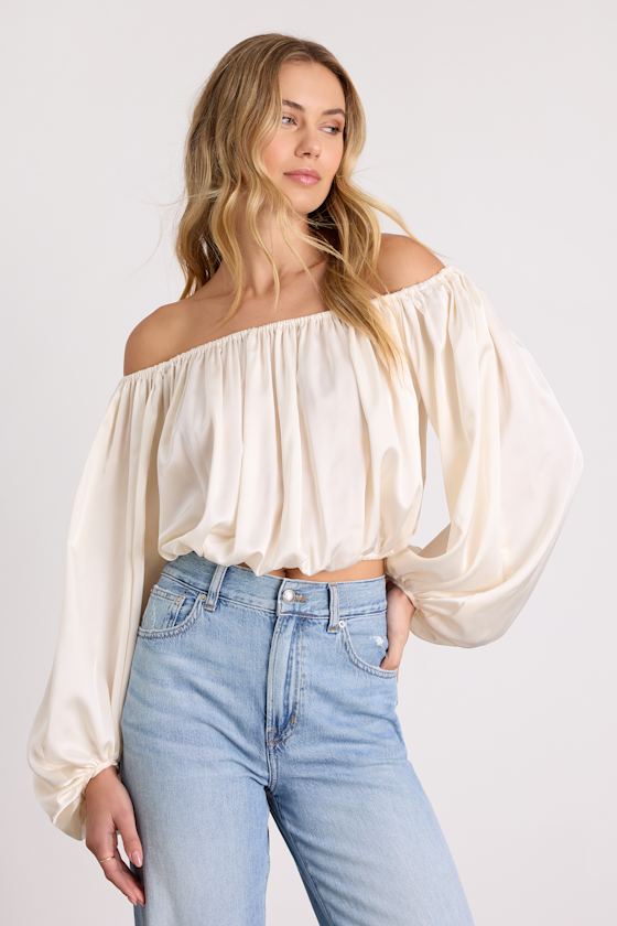 Jordana Ivory Satin Off-the-Shoulder Crop Top 1