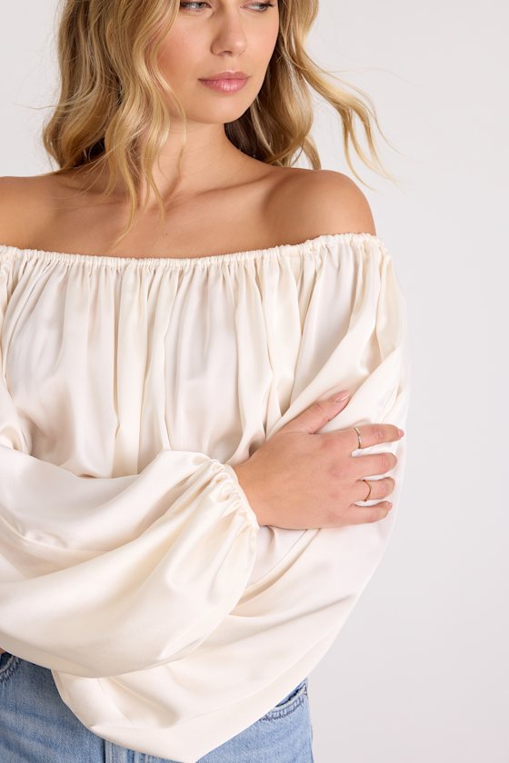 Jordana Ivory Satin Off-the-Shoulder Crop Top 2