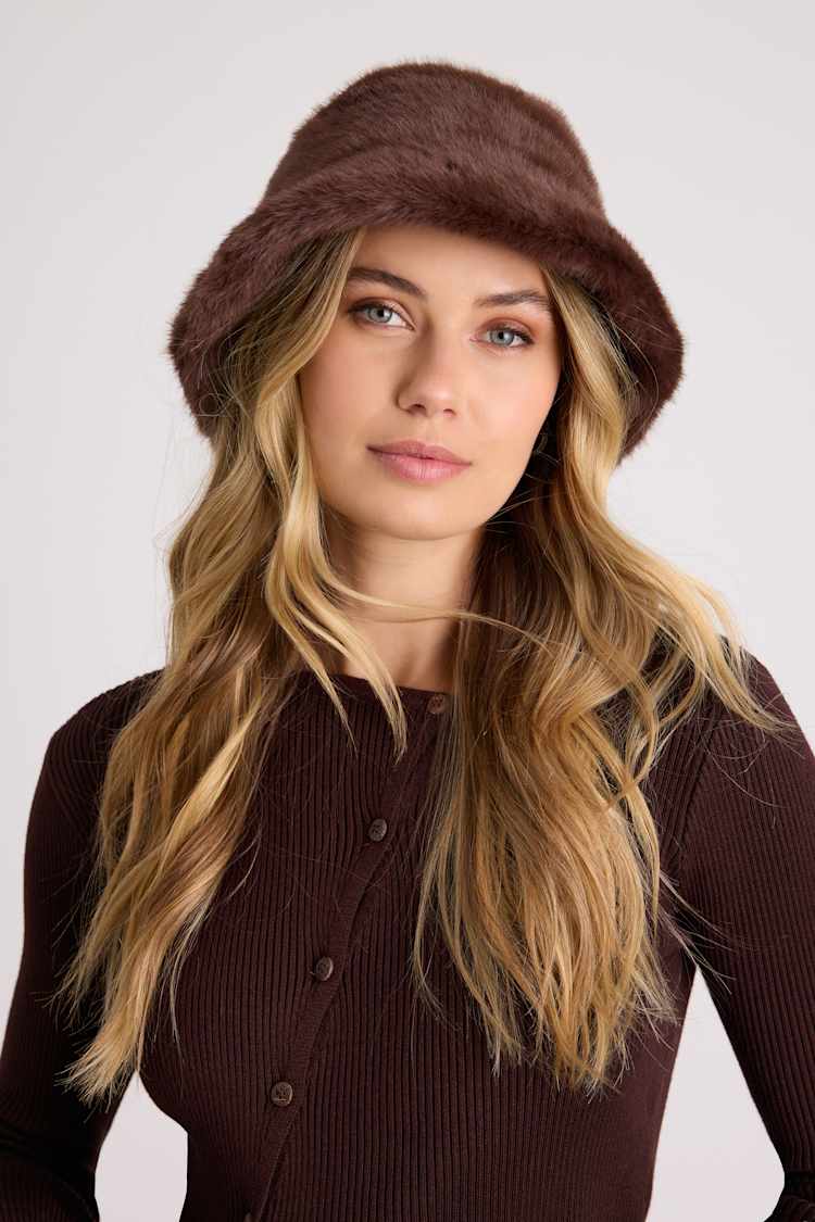 Brown Bucket Hat - Faux Fur Bucket Hat - Brown Fluffy Bucket  display picture 3
