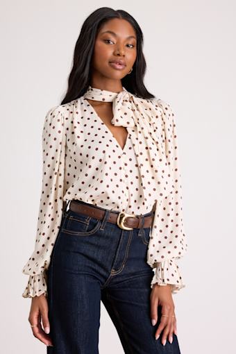 Loen Ivory Polka Dot Tie-Neck Long Sleeve Bodysuit 1