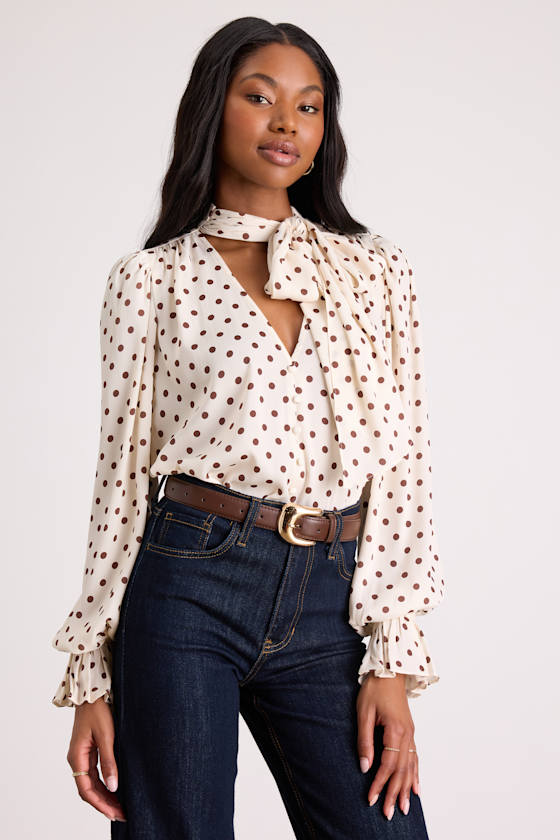 Loen Ivory Polka Dot Tie-Neck Long Sleeve Bodysuit 1