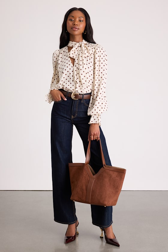 Ivory Polka Dot Blouse - Tie-Neck Blouse - Long Sleeve Blouse - Lulus