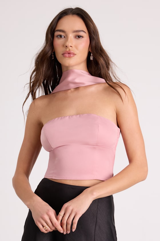 Dusty Pink Crop Top - Pink Satin Crop Top - Scarf Neck Crop Top