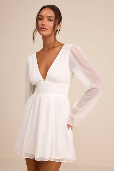 fitted lace wedding dress Leyna White Mesh Long Sleeve Dress - US 4