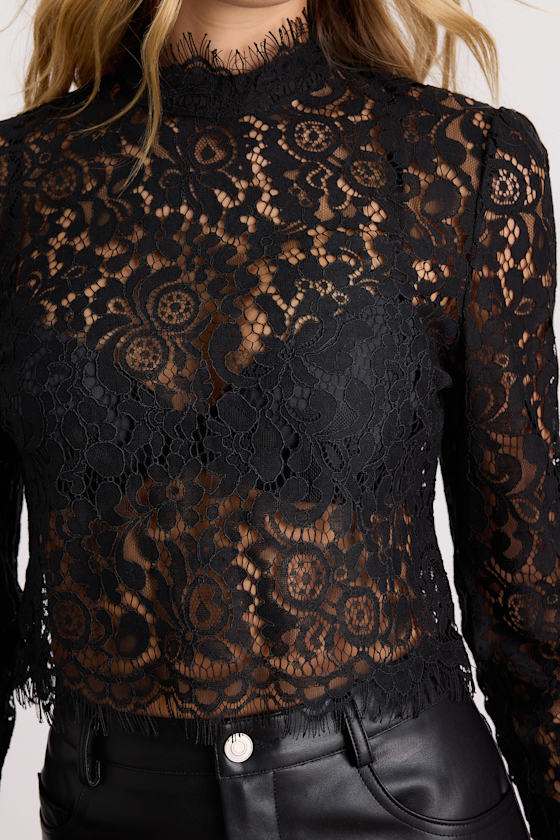 Celita Black Sheer Eyelash Lace Long Sleeve Crop Top - thumbnail 5