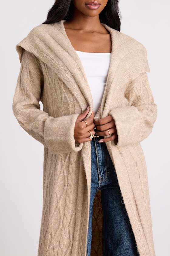 Iridina Beige Cable Knit Open-Front Duster Cardigan 2