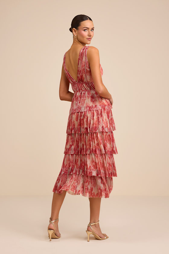 Valentia Magenta Plisse Sleeveless Tiered Midi Dress - thumbnail 3