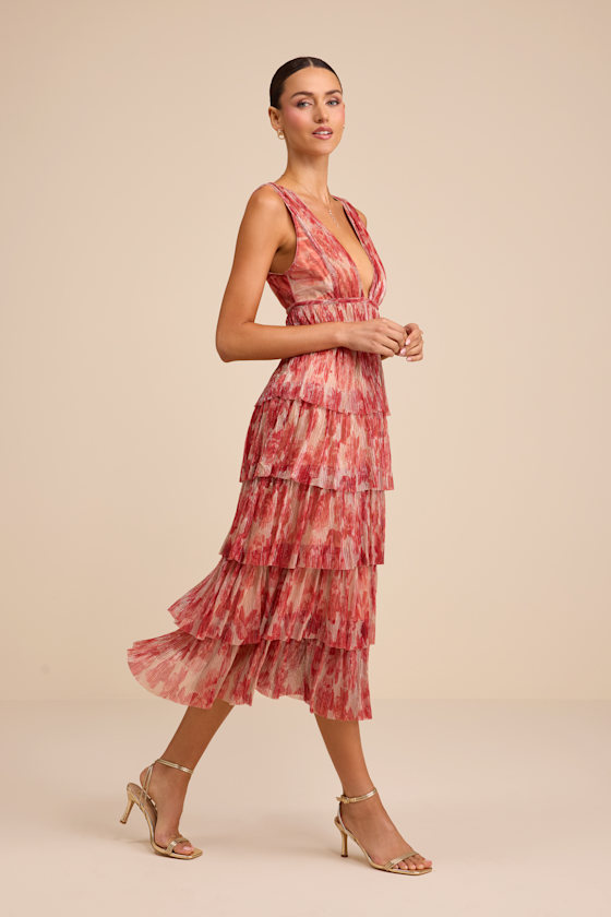 Valentia Magenta Plisse Sleeveless Tiered Midi Dress - thumbnail 4