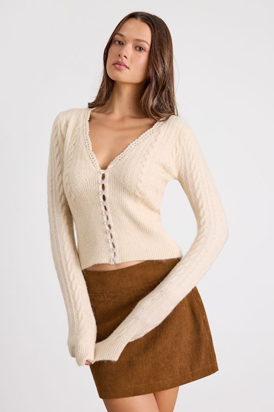 Callisto Cream Cable Knit Button-Front Cardigan 2