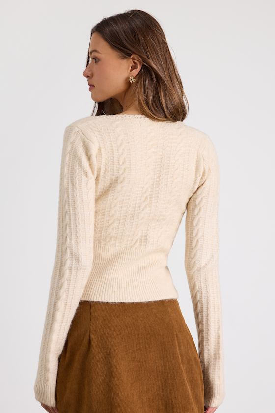 Cream Cable Knit Cardigan - V-Neckline Cardigan - Cropped Cardi