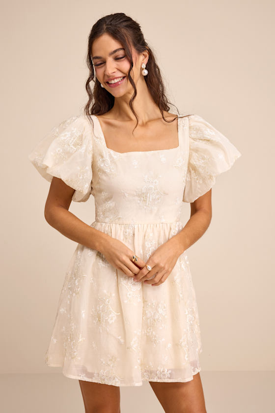 Cream Embroidered Dress - Puff Sleeve Mini Dress - Sash Bow Dress