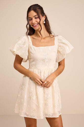 Cathaysa Cream Embroidered Puff Sleeve Bow Mini Dress 1