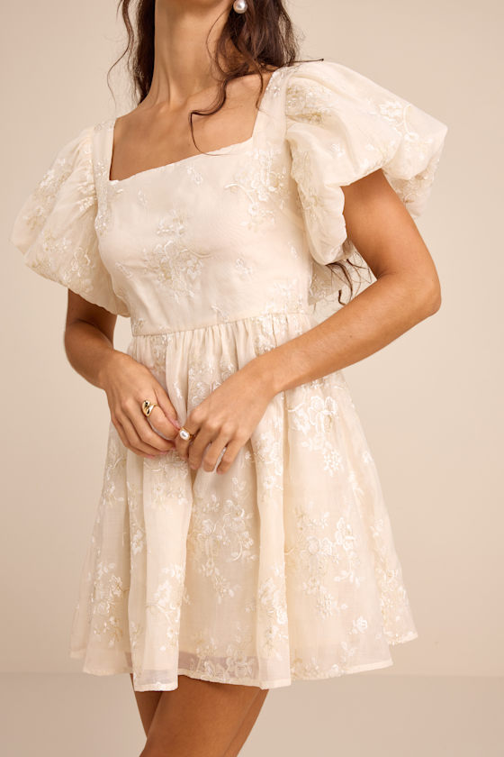 Cathaysa Cream Embroidered Puff Sleeve Bow Mini Dress 2