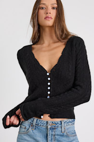 Callisto Black Cable Knit Button-Front Cardigan 1