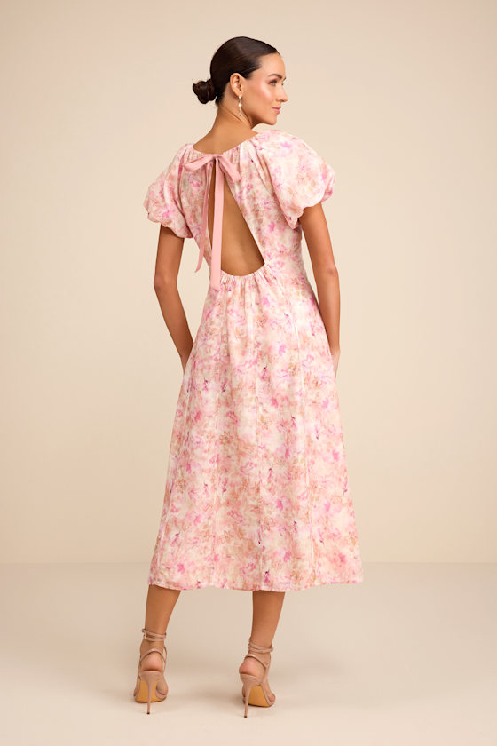 Arleth Ivory and Pink Floral Puff Sleeve Midi Dress