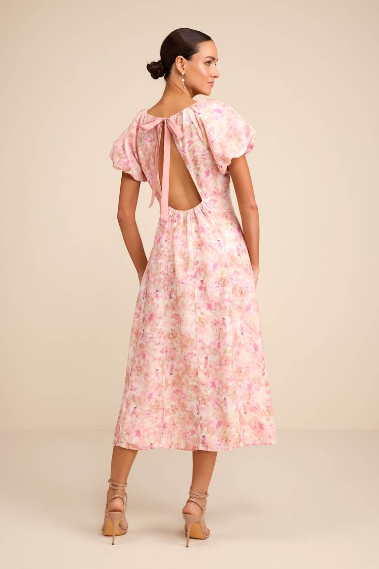Ivory and Pink Floral Puff Sleeve Midi Dress | Womens | Small (Available in M, XL) | 100% Polyester | Lulus