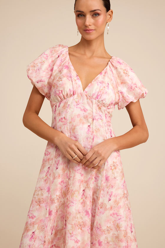 Arleth Ivory and Pink Floral Puff Sleeve Midi Dress 2