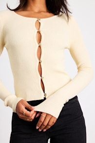 Scalia Cream Ribbed Knit Button-Front Long Sleeve Top 1