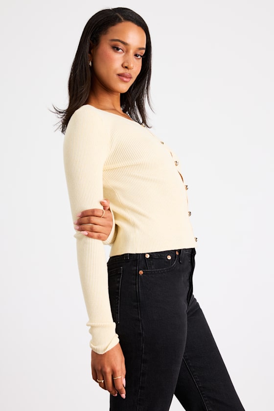 Scalia Cream Ribbed Knit Button-Front Long Sleeve Top 2