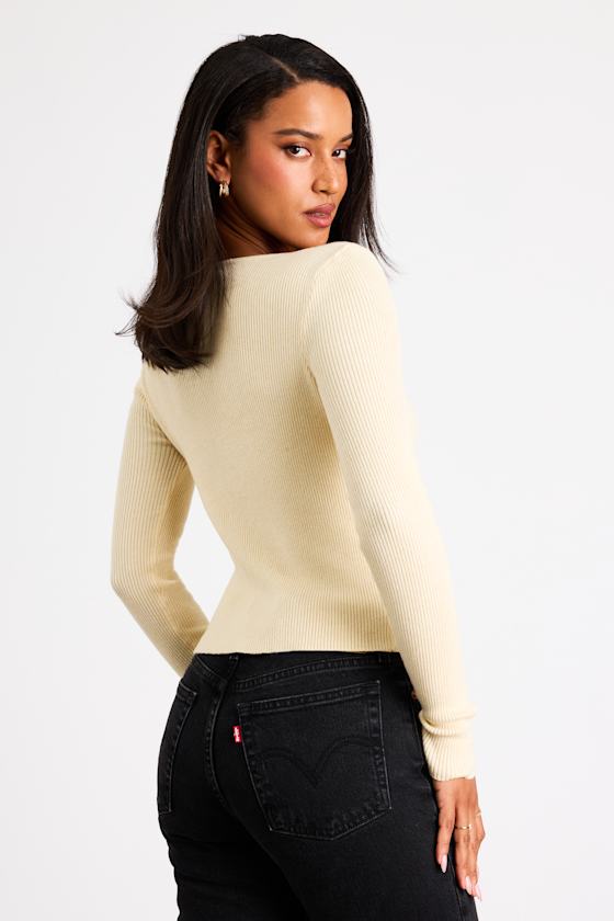 Cream Ribbed Knit Top - Long Sleeve Cutout Top - Button-Front Top