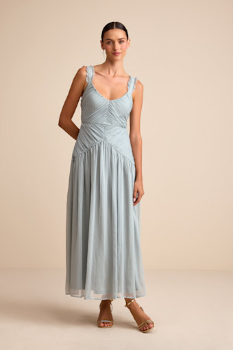 Laufey Dusty Blue Pleated Drop Waist Midi Dress 1