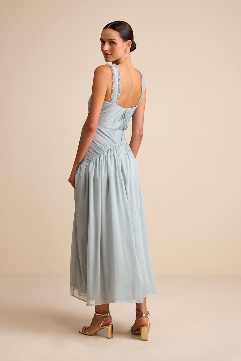 Lulus | Dusty Blue Pleated Drop Waist Midi Dress | Womens | X-Small (Available in M, L, XL) | 100% Polyester Lulus | Dusty Blue Pleated Drop Waist Midi Dress | Womens | X-Small (Available in M, L, XL) | 100% Polyester
