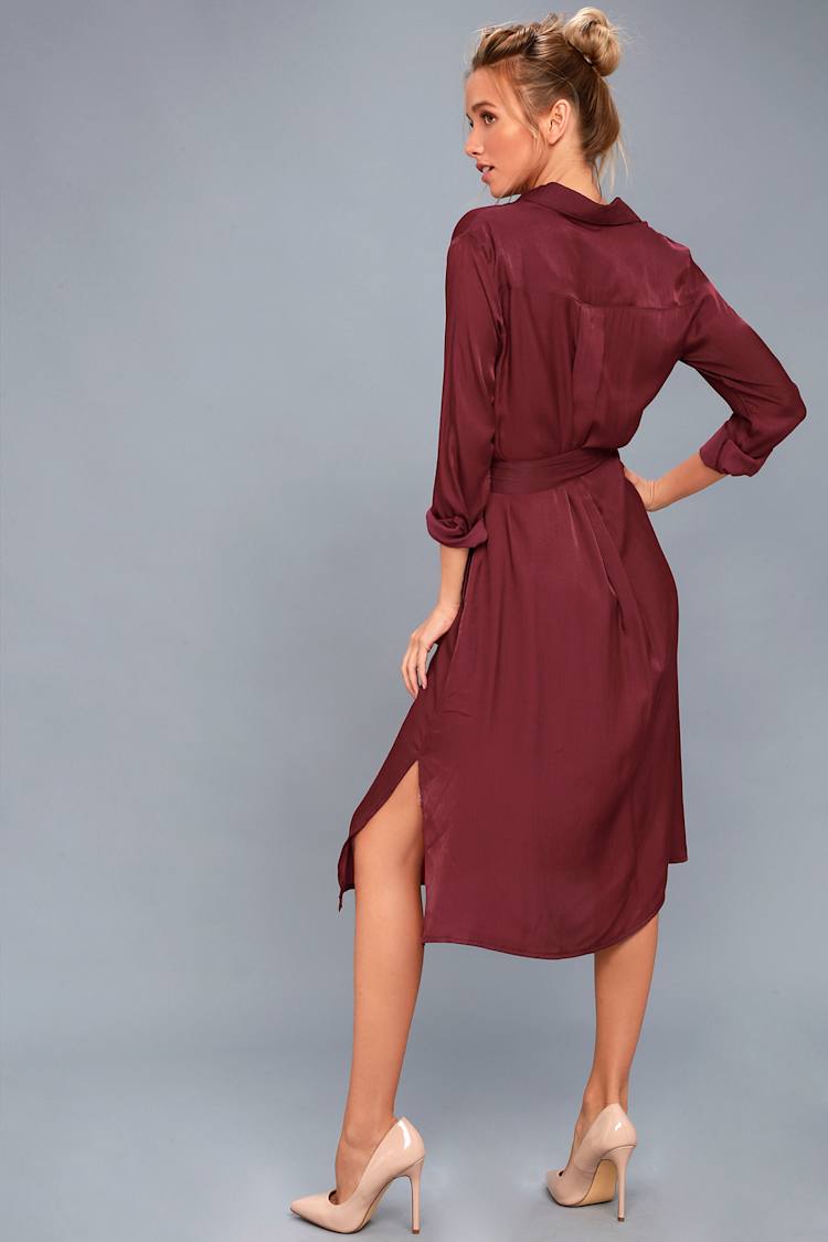 Chic Burgundy Shirt Dress - Long Sleeve Dress - Midi Dress