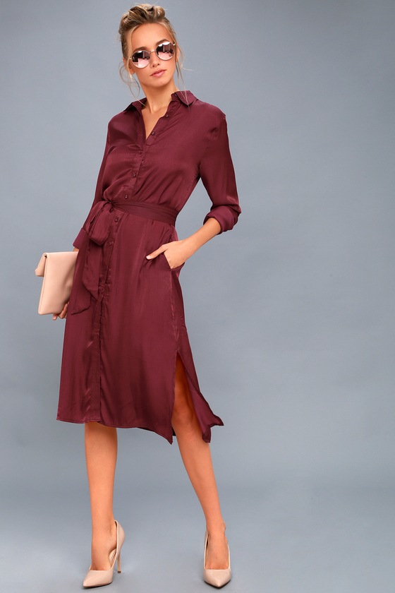 Chic Burgundy Shirt Dress - Long Sleeve Dress - Midi Dress - Lulus