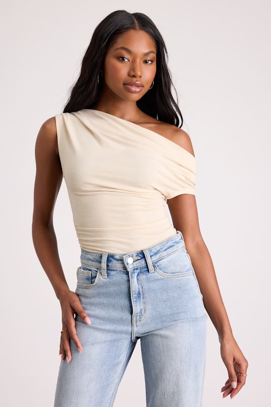 Expert Poise Ivory Ruched One-Shoulder Top 1
